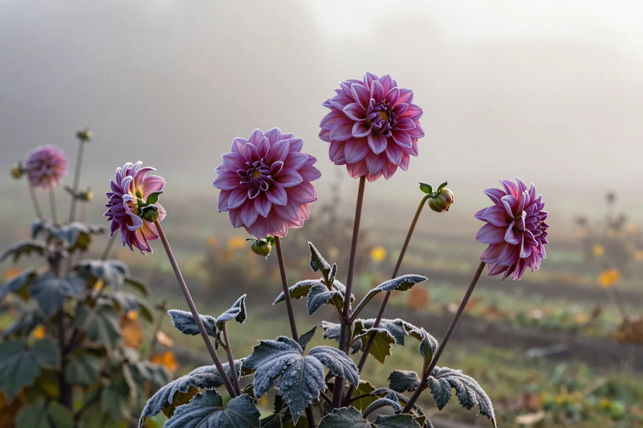 Frost dusted pink dahlia blooms stand in a foggy autumn garden at dawn