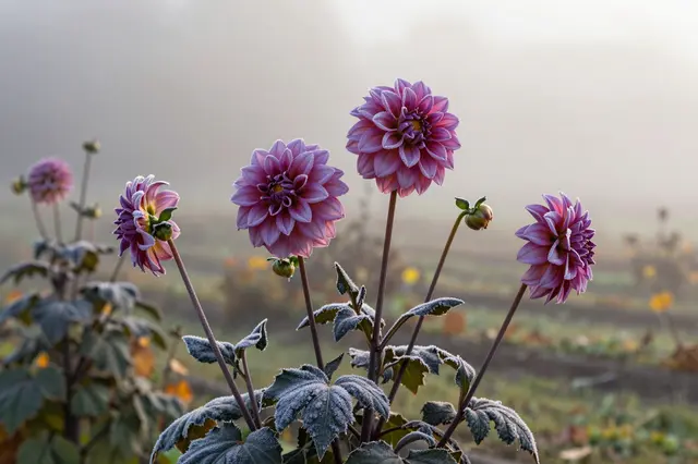 Frost dusted pink dahlia blooms stand in a foggy autumn garden at dawn