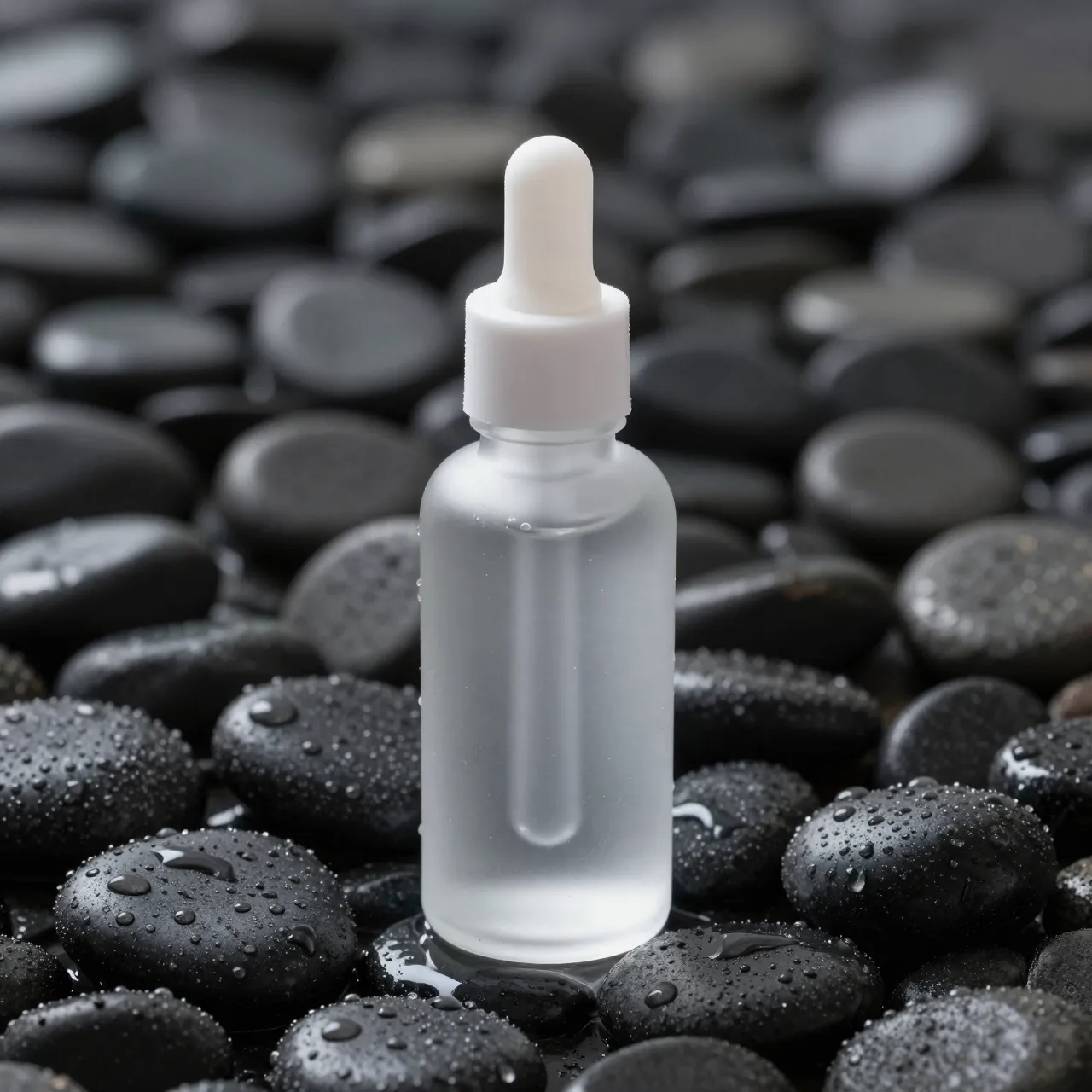 A frosted glass dropper bottle sits centered on wet black pebbles dotted with water droplets.