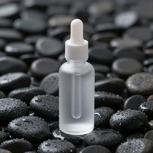 A frosted glass dropper bottle sits centered on wet black pebbles dotted with water droplets.