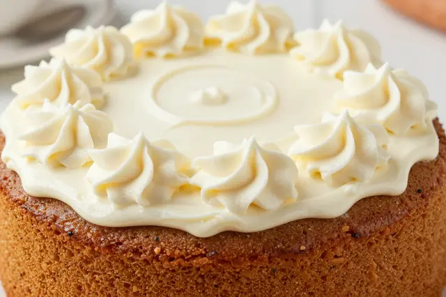 Close-up of a round carrot cake topped with piped cream cheese frosting rosettes