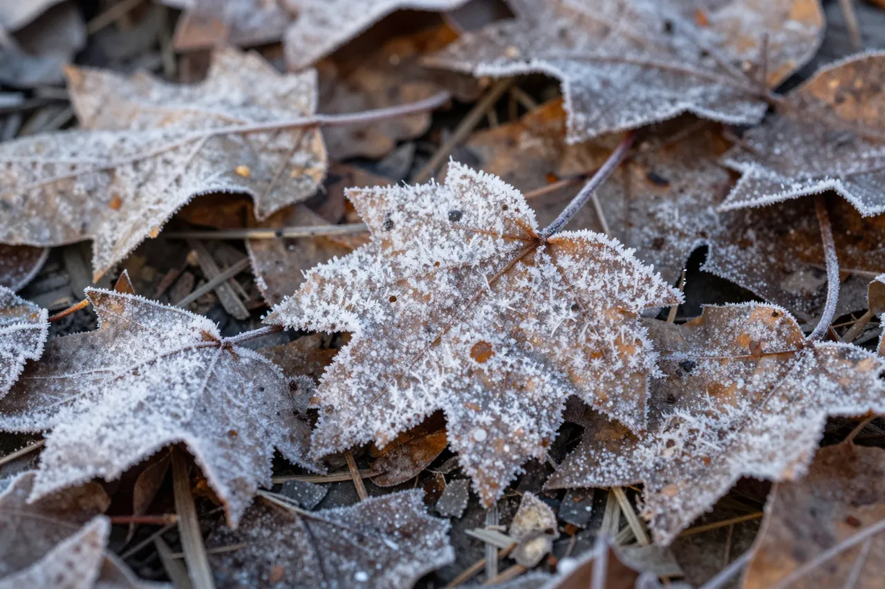 Close up macro view of frost-covered dried maple leaves resting on cold ground in winter