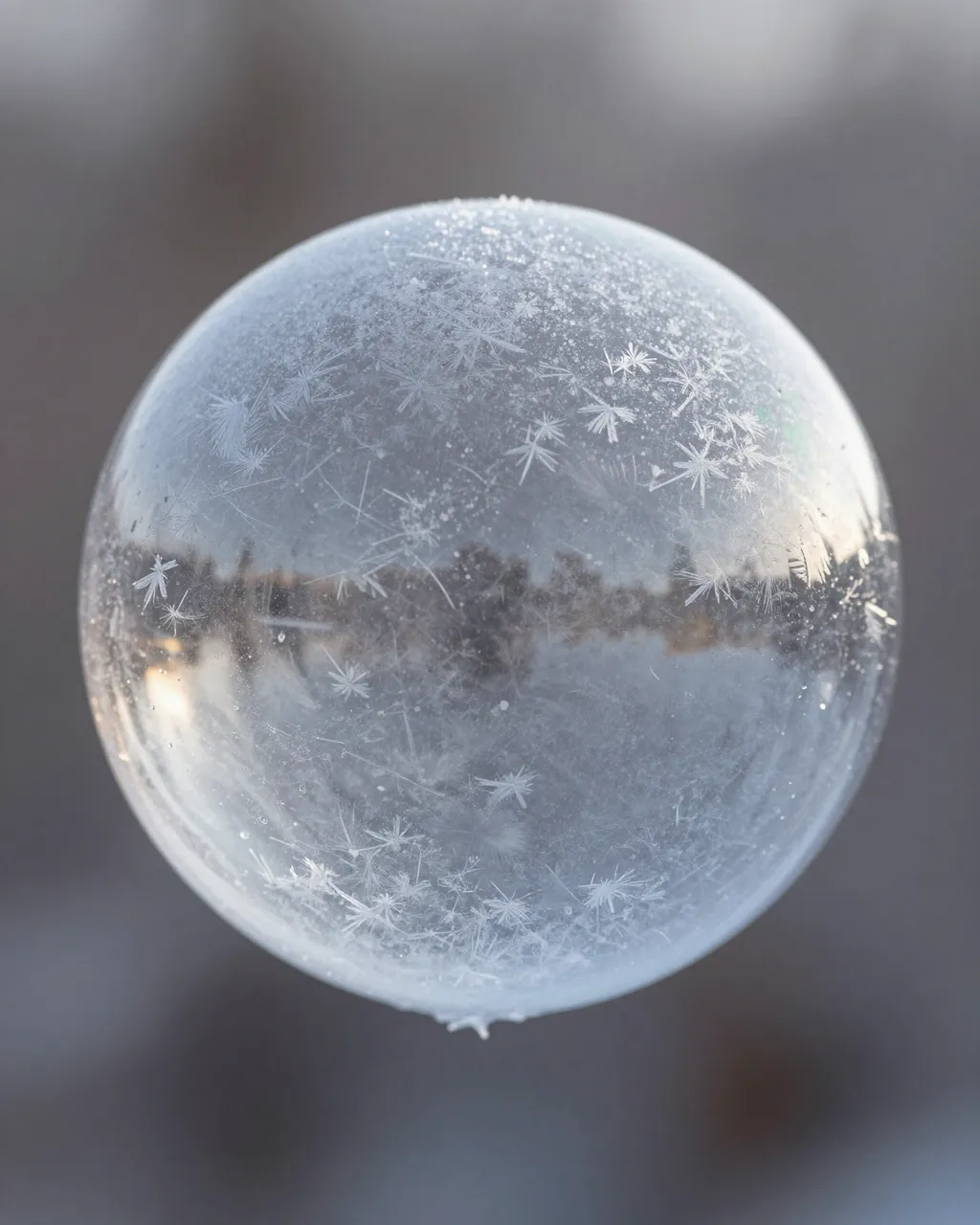 Close-up of a frozen soap bubble dotted with feathery frost crystals in soft morning light