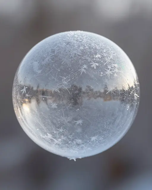 Close-up of a frozen soap bubble dotted with feathery frost crystals in soft morning light