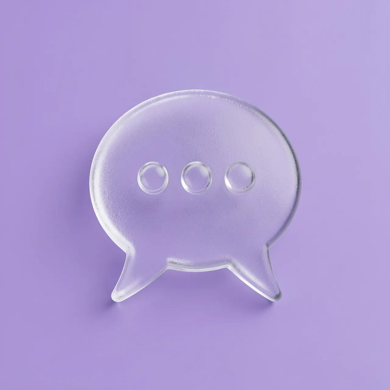 A frosted transparent 3D chat bubble icon with typing dots rests on a solid lavender background
