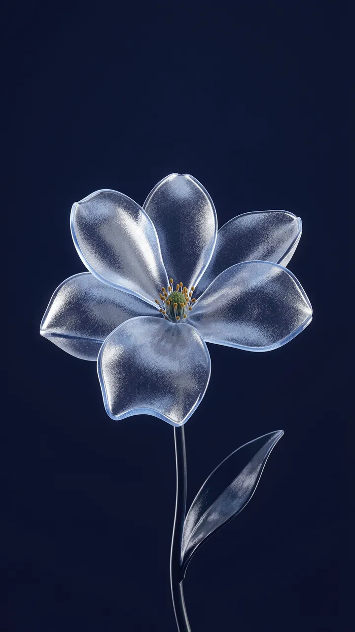 A 3D rendered frosted glass flower with subtle glowing edges against a deep navy background
