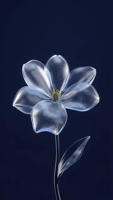A 3D rendered frosted glass flower with subtle glowing edges against a deep navy background