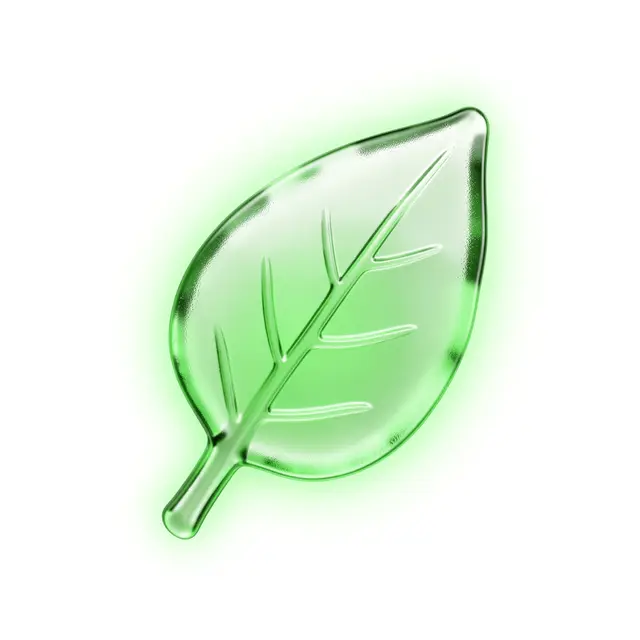 A frosted translucent 3D glass leaf icon with soft green glow on a plain white background