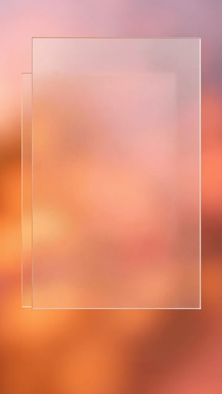 A floating frosted glass panel sits over a blurred warm orange and pink gradient glow with empty center space