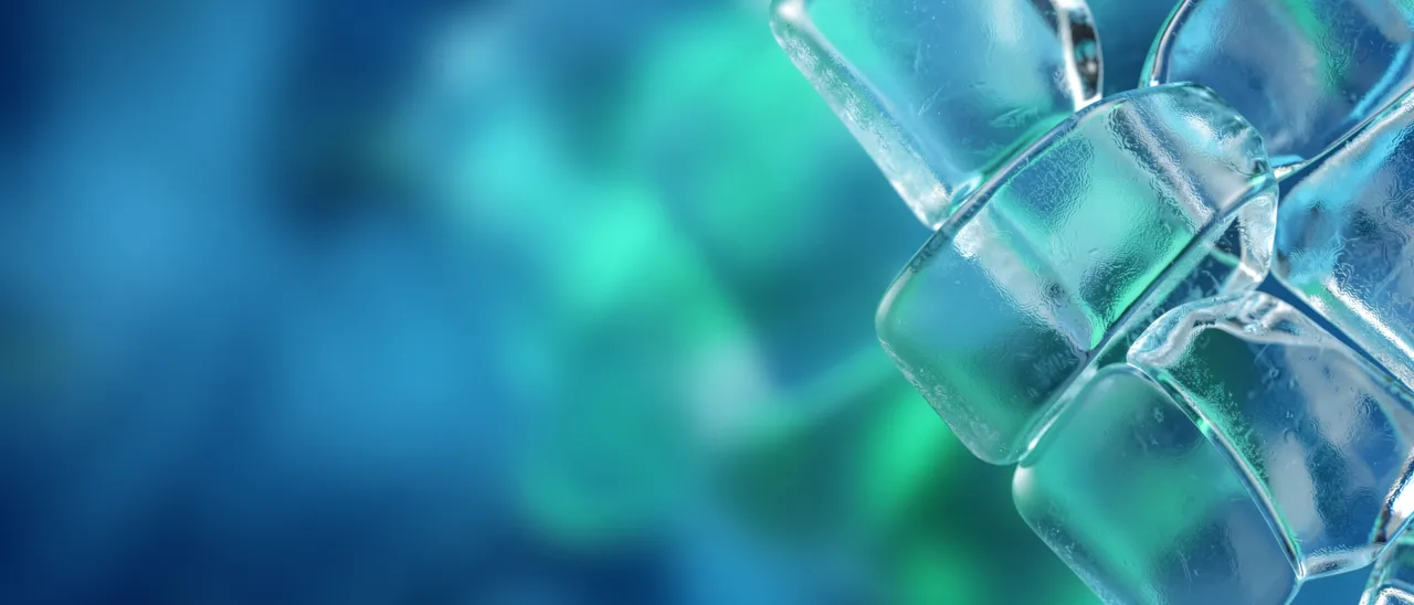 Sharp translucent frosted glass cubes sit on the right above a blurred blue and teal glow, with empty copy space on the left