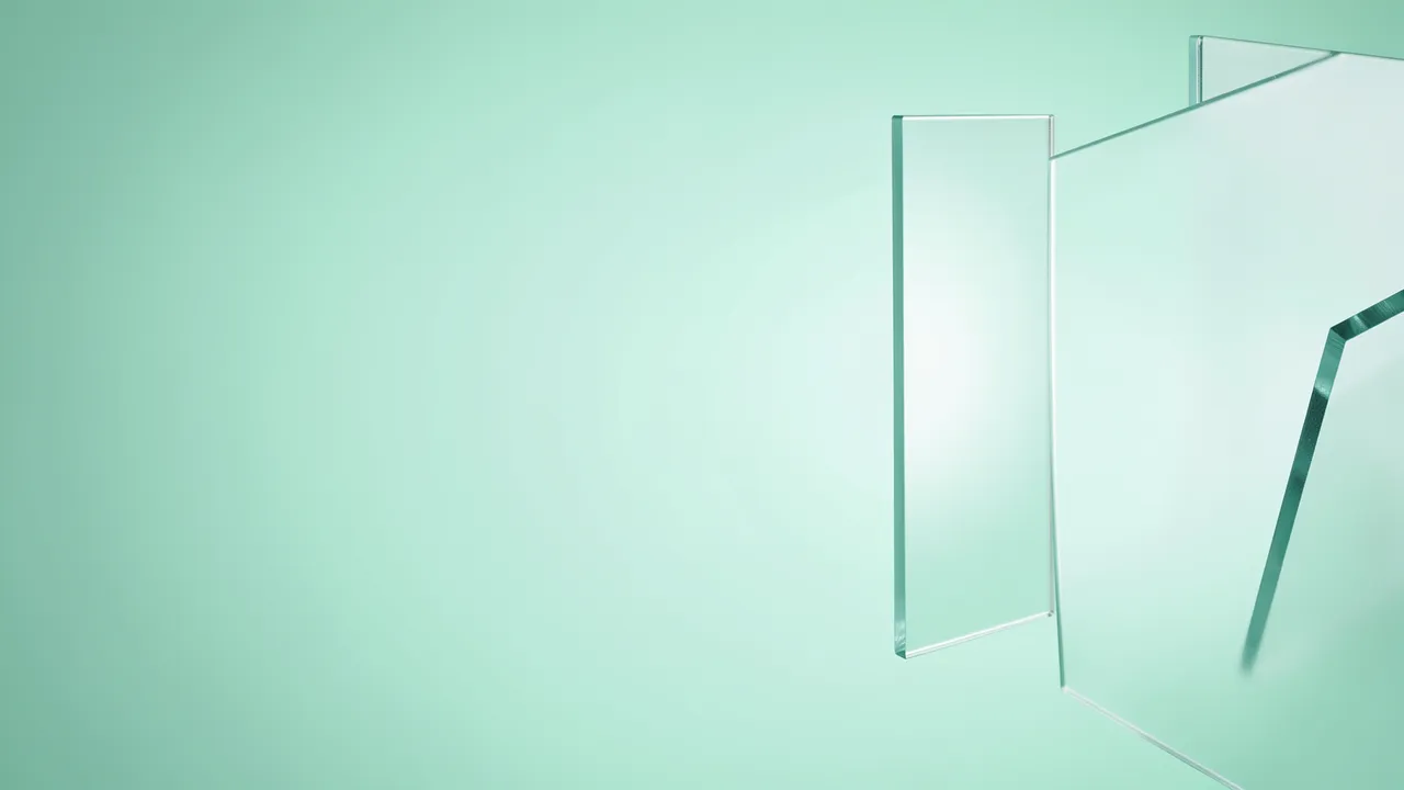 Floating frosted glass rectangles sit on the right of a soft mint gradient background with empty left copy space