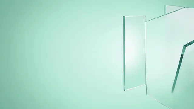Floating frosted glass rectangles sit on the right of a soft mint gradient background with empty left copy space