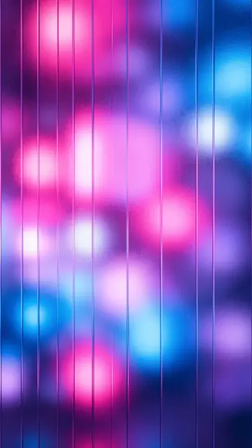 Blurred pink and blue neon lights glow behind vertical frosted glass panels