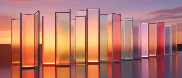 Row of glowing frosted glass pillars stands on a reflective surface under a soft sunset sky