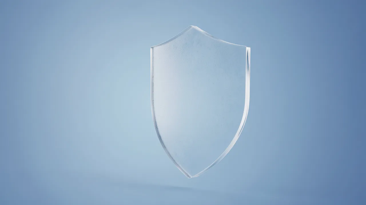 A frosted translucent glass shield floats against a soft pale blue gradient background