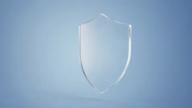 A frosted translucent glass shield floats against a soft pale blue gradient background