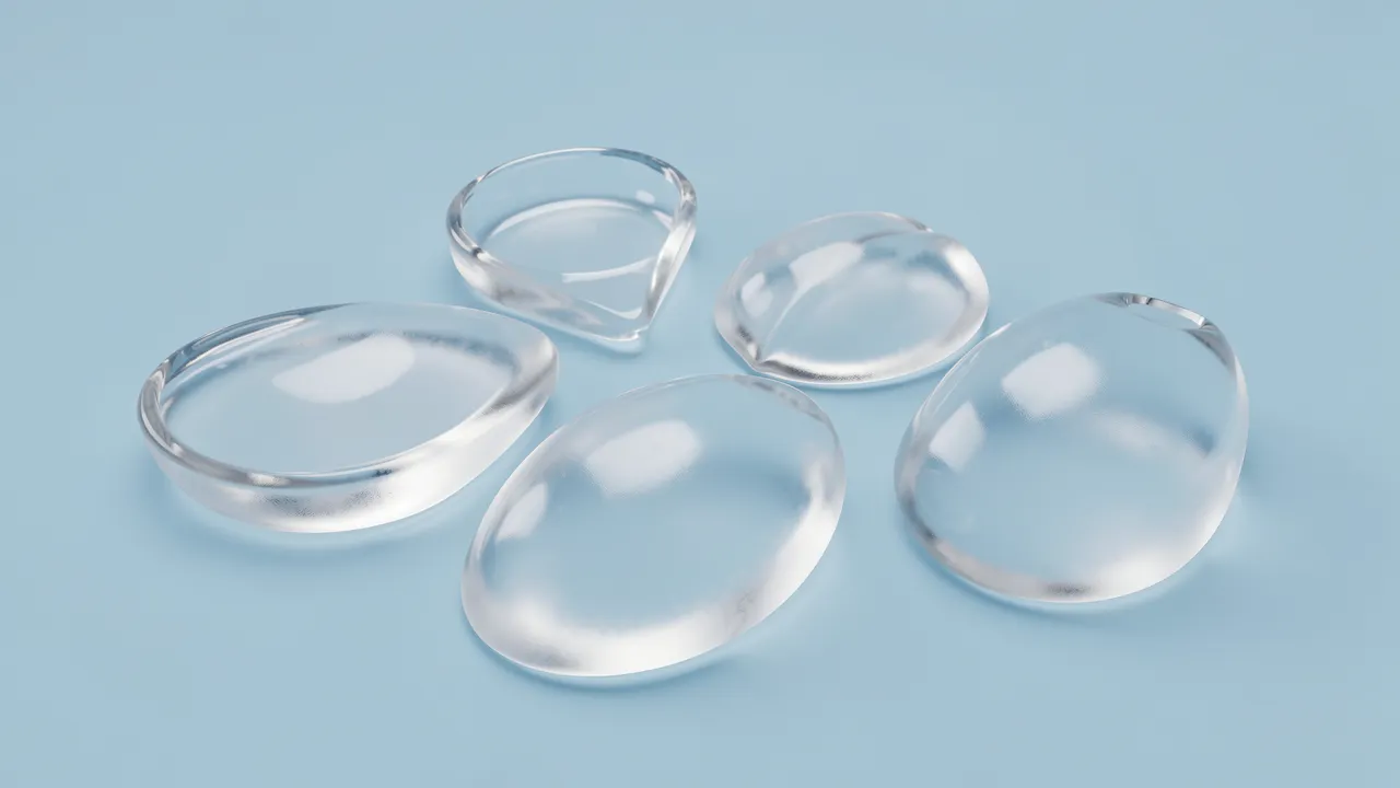 Five smooth translucent frosted glass pebble shapes rest on a soft pastel blue surface