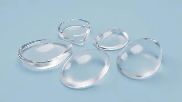 Five smooth translucent frosted glass pebble shapes rest on a soft pastel blue surface