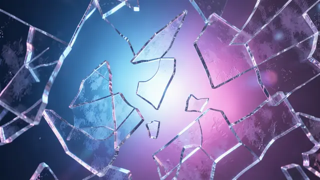Frosted glass shards drift against a soft gradient blue to pink glowing background