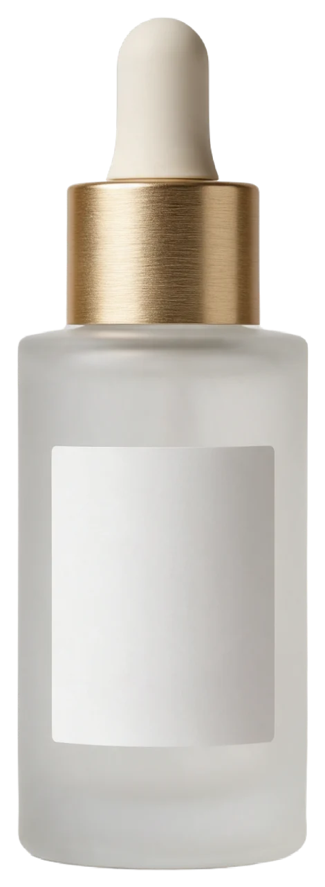 Elegant frosted glass serum bottle with a brushed gold dropper cap and blank label