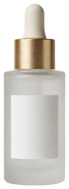 Elegant frosted glass serum bottle with a brushed gold dropper cap and blank label