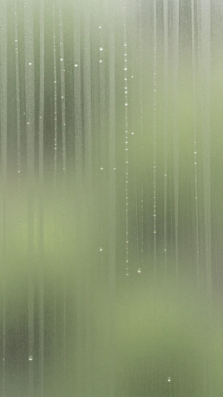 Vertical sandblasted glass with trailing water droplets against soft muted green light