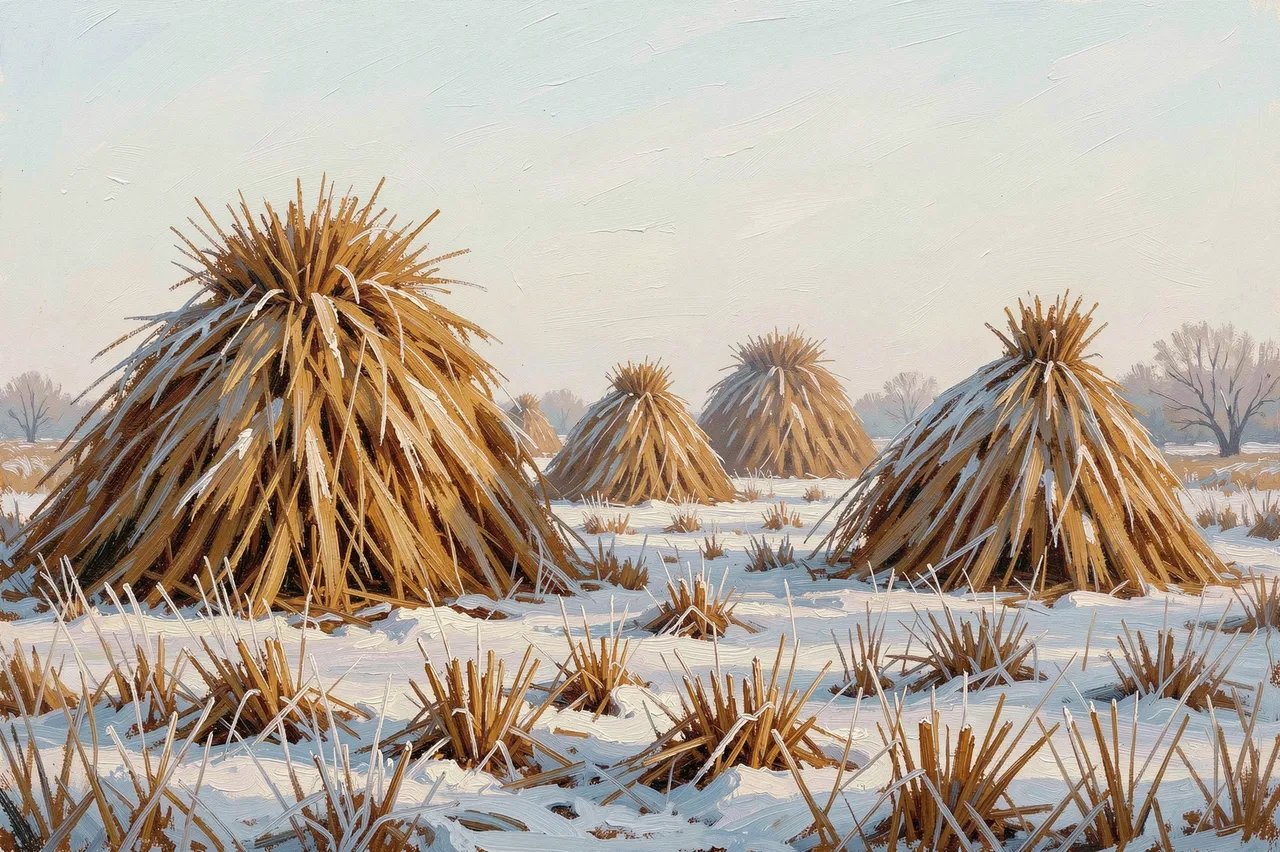 Textured oil painting of frost-dusted haystacks standing in a snow-covered field under a pale overcast winter sky