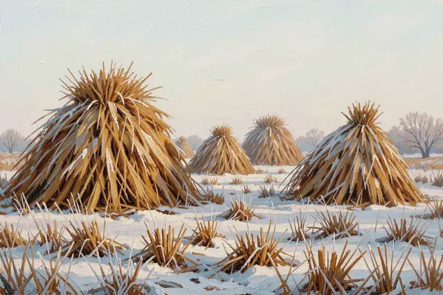 Textured oil painting of frost-dusted haystacks standing in a snow-covered field under a pale overcast winter sky