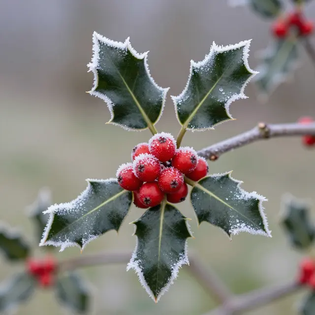 Close-up of a holly cluster with red berries and green leaves edged in white frost against a soft blurred outdoor background