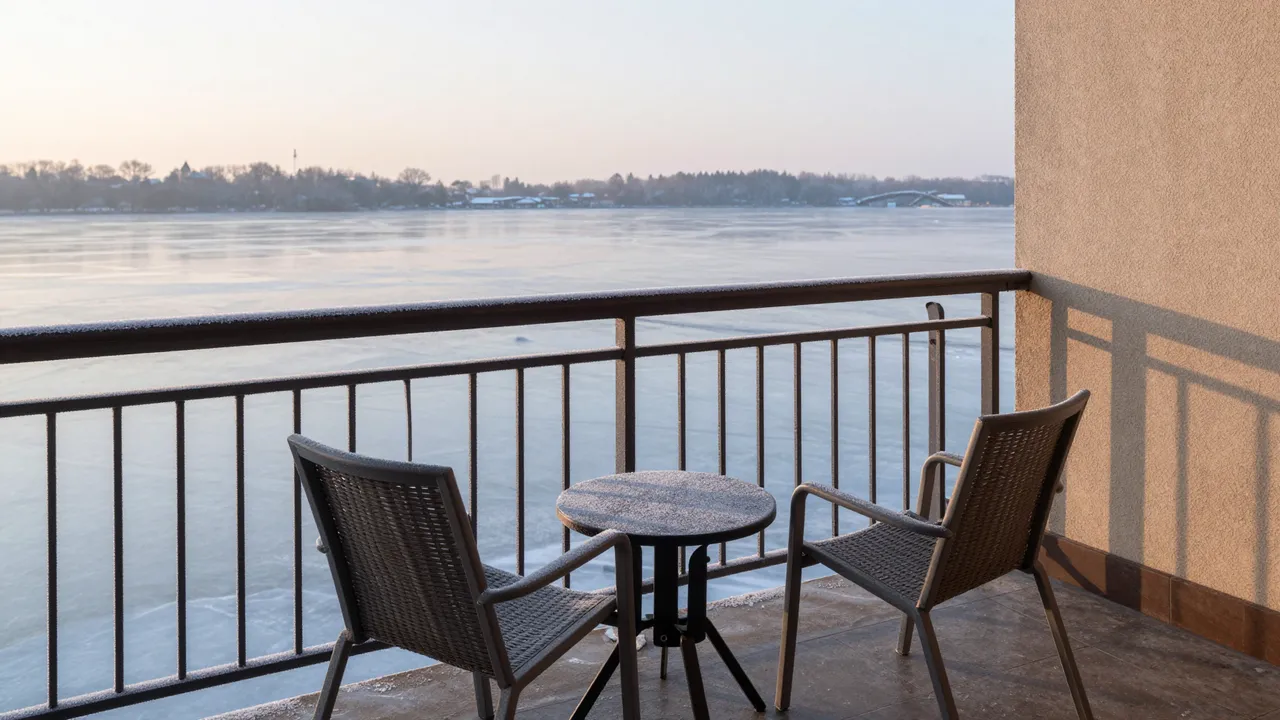 Frost dusted hotel balcony seating overlooks a frozen lake at soft pale sunrise