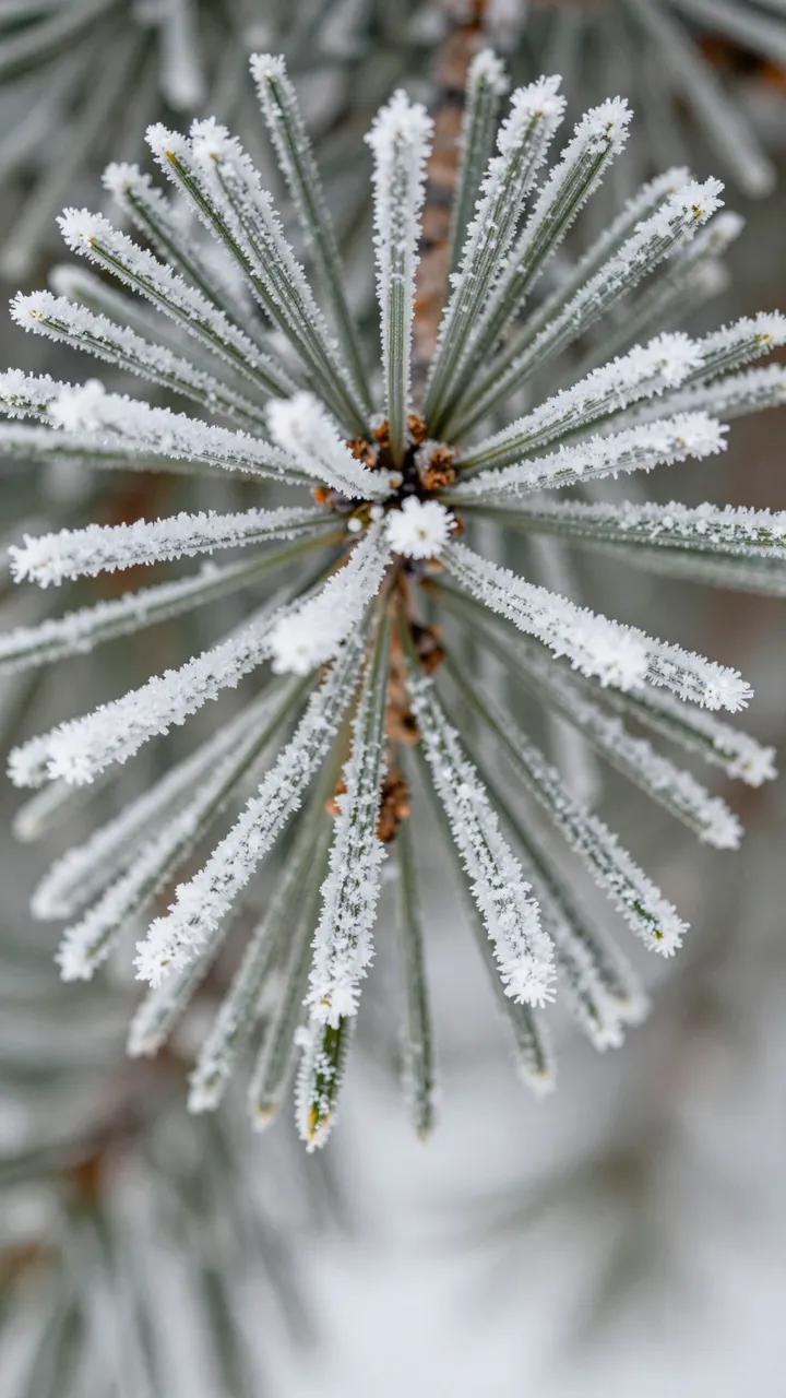 Close-up radial view of pine needles coated in delicate white frost ice crystals against a blurred soft winter background