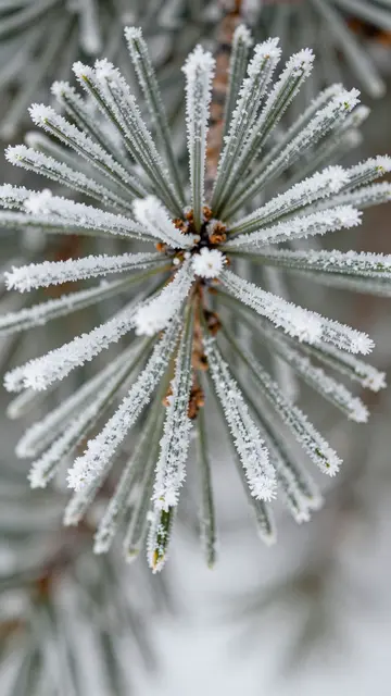 Close-up radial view of pine needles coated in delicate white frost ice crystals against a blurred soft winter background
