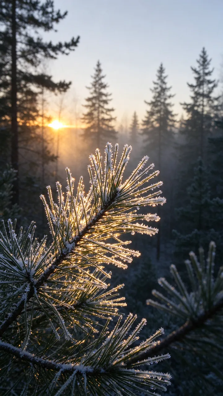 Frost-covered pine needles glow in golden sunrise light over a misty winter forest
