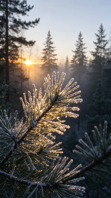 Frost-covered pine needles glow in golden sunrise light over a misty winter forest