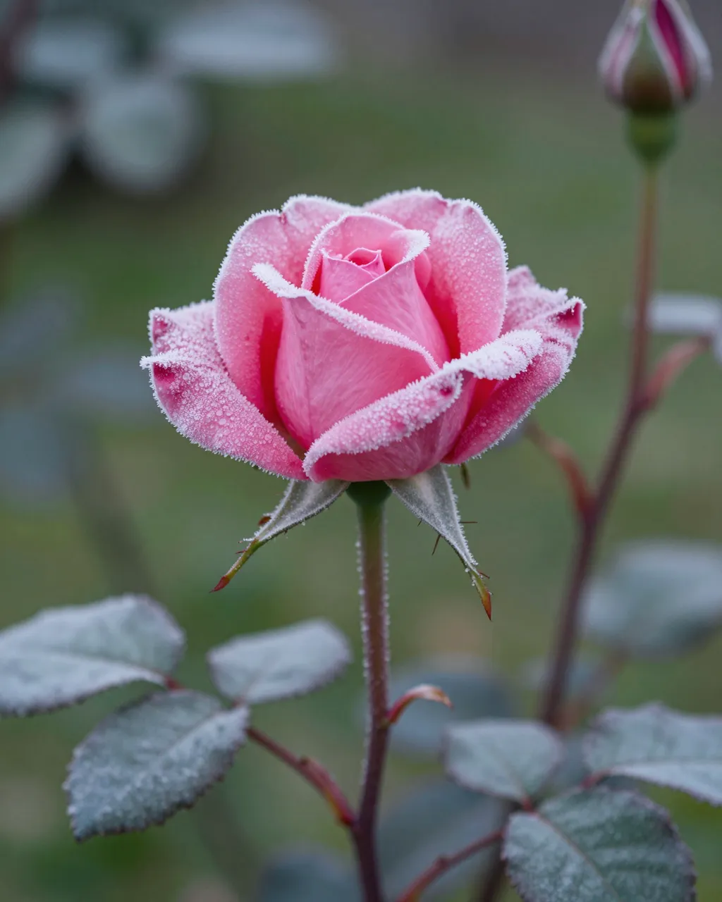 A close-up of a pink rosebud covered in fine frost, set against a blurred winter garden background.