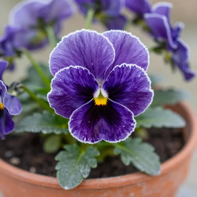 A close-up of a purple pansy edged with delicate frost, growing in a terracotta winter plant pot.