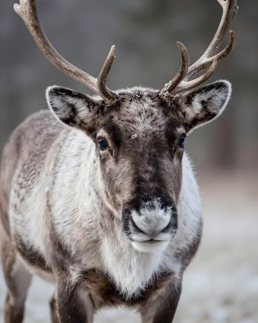 A close-up front portrait of a reindeer with frost on its muzzle standing in a blurred winter landscape