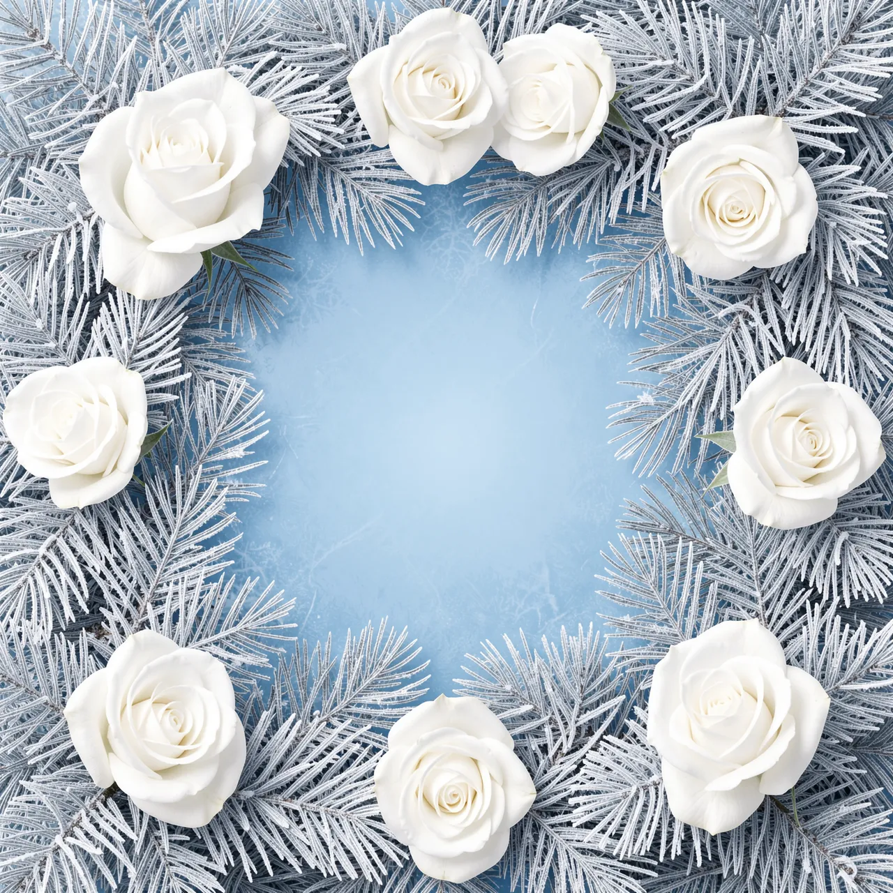 A circular frosty frame of silver fir needles and white roses surrounds an empty icy blue center