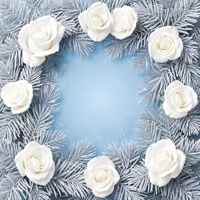 A circular frosty frame of silver fir needles and white roses surrounds an empty icy blue center
