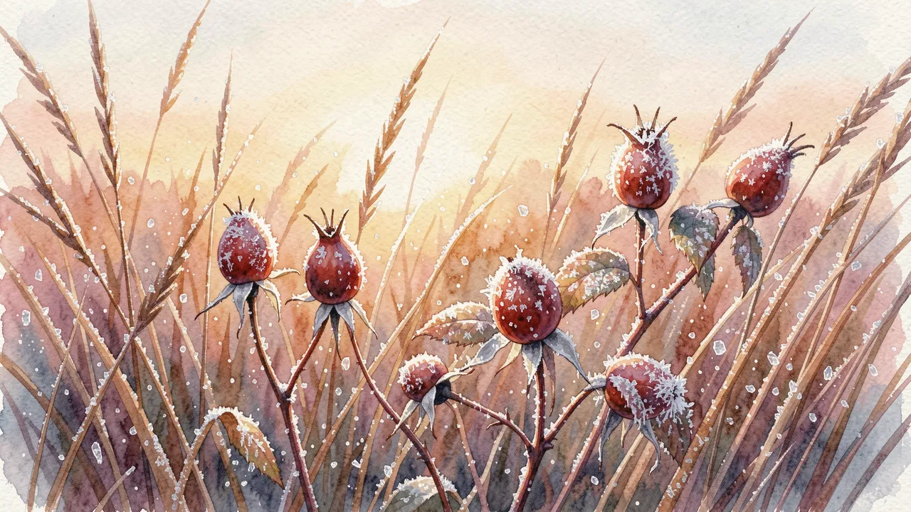 Watercolor illustration of frosted red rose hips and dry grasses glinting with ice at soft dawn light.