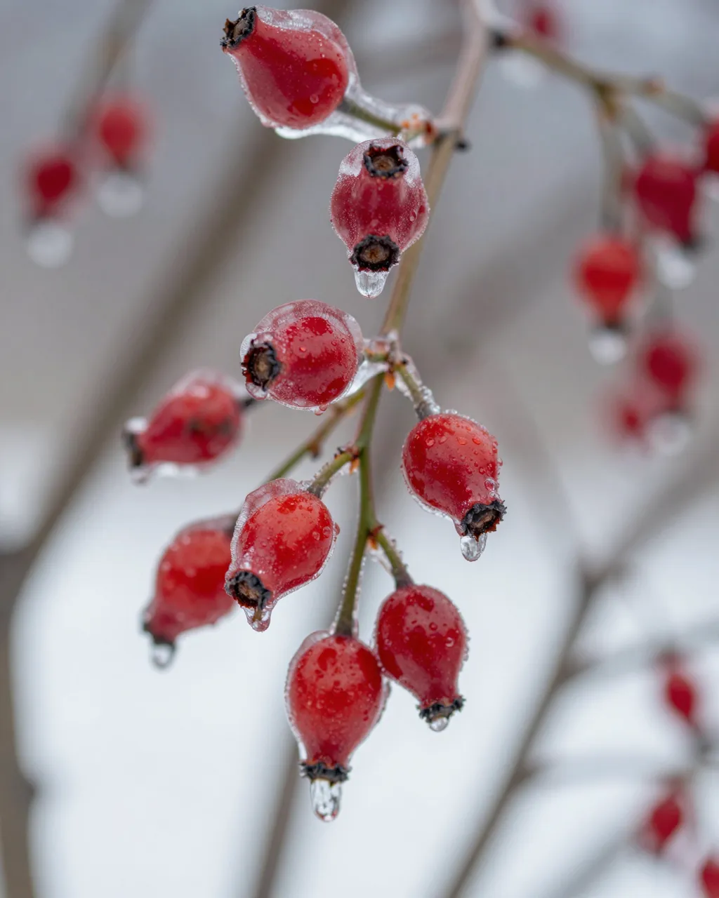 Bright red rose hips coated in clear ice hang from a thin branch after freezing rain