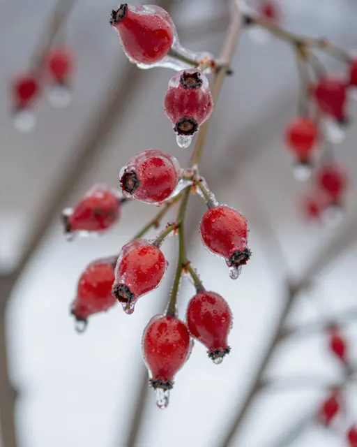 Bright red rose hips coated in clear ice hang from a thin branch after freezing rain