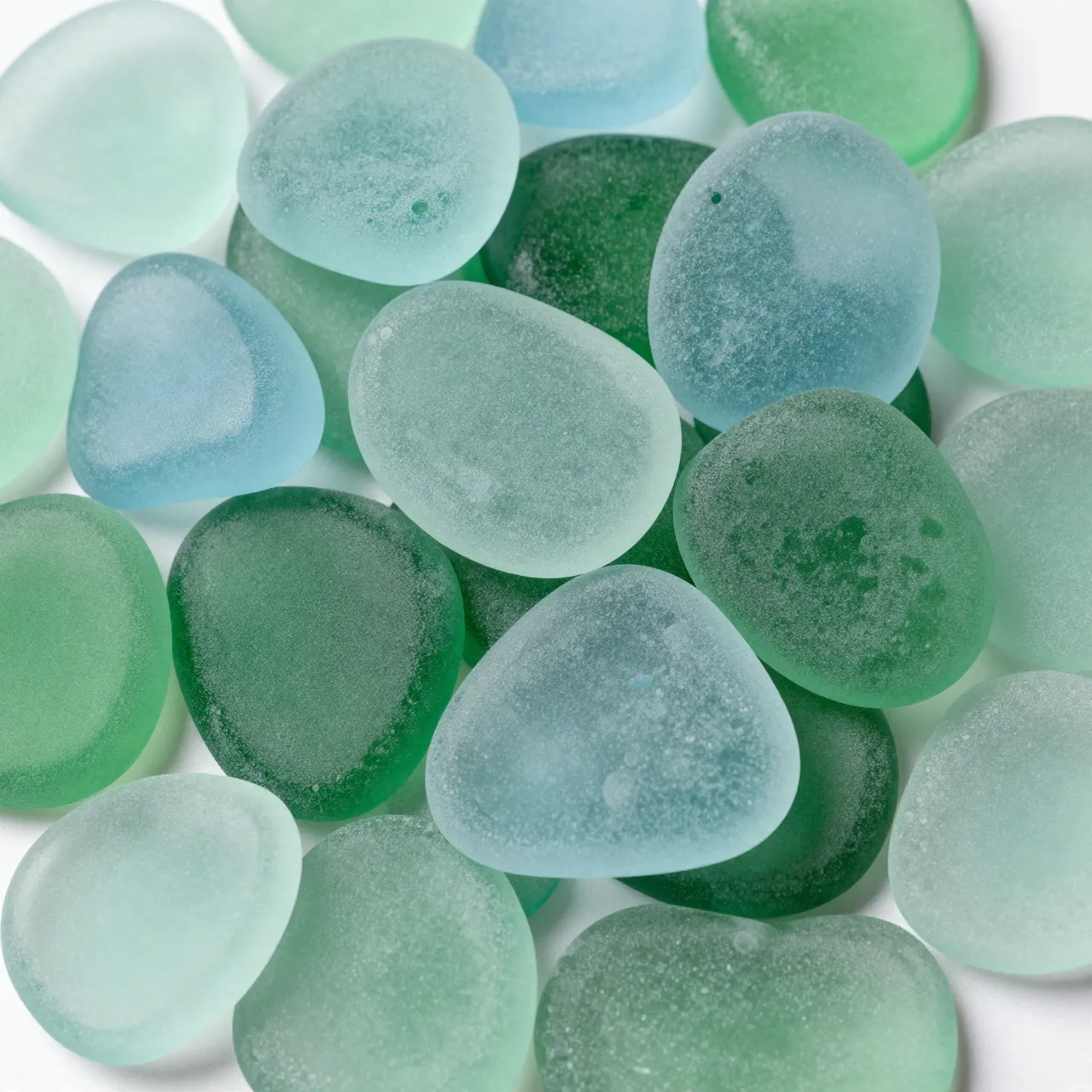 Top view of scattered frosted sea glass pieces in soft green and blue hues filling the frame