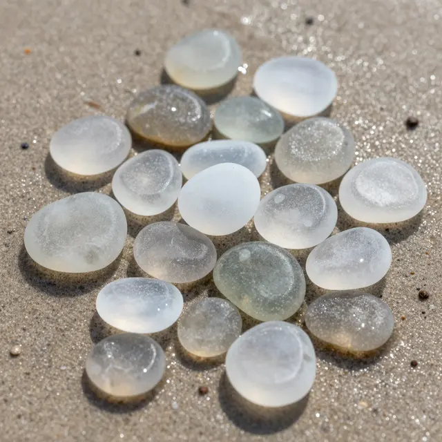 Smooth frosted sea glass pebbles clustered on glistening wet beach sand in bright natural light