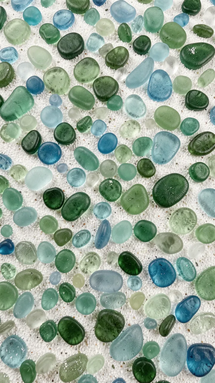 Smooth frosted green and blue sea glass pebbles scattered across fine white sand.