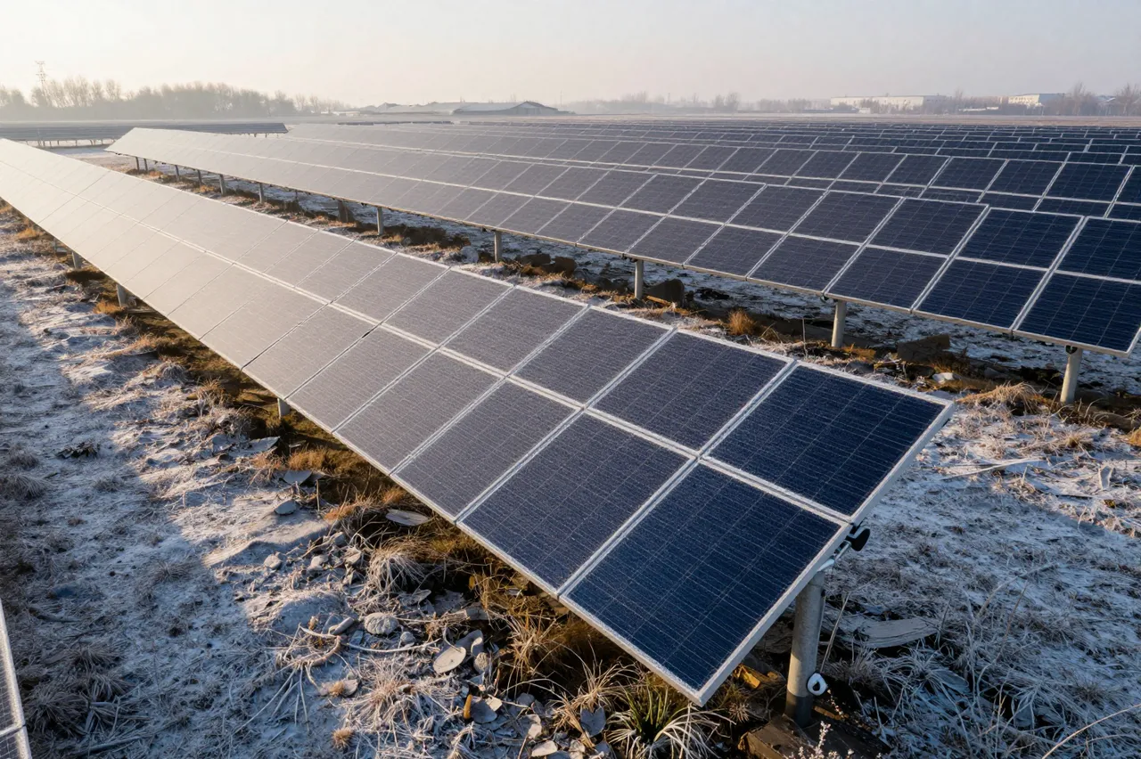Rows of frost-dusted solar panels stretch across a frosty flat field at hazy winter sunrise