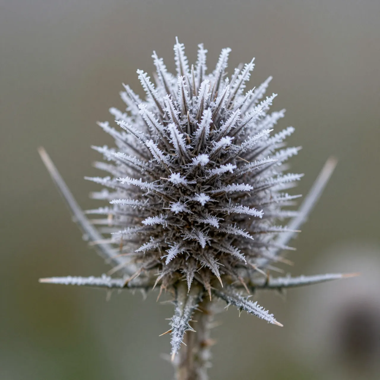 Close-up macro view of delicate hoarfrost crystals coating a spiky thistle seed head