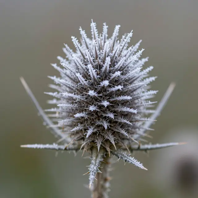 Close-up macro view of delicate hoarfrost crystals coating a spiky thistle seed head
