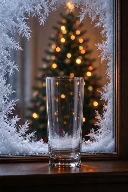 An empty clear glass sits on a wooden windowsill in front of a frosted window with blurred Christmas tree lights inside