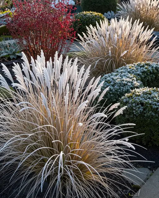 Sunlit frosted ornamental grasses, red-twig shrubs and clipped boxwood fill a winter garden at dawn